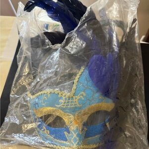 Blue and Gold Masquerade Mask with Feathers